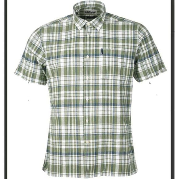 Barbour Other - Barbour Linen Mix 2 Short Sleeved Summer Shirt Green White Plaid Button Front XL